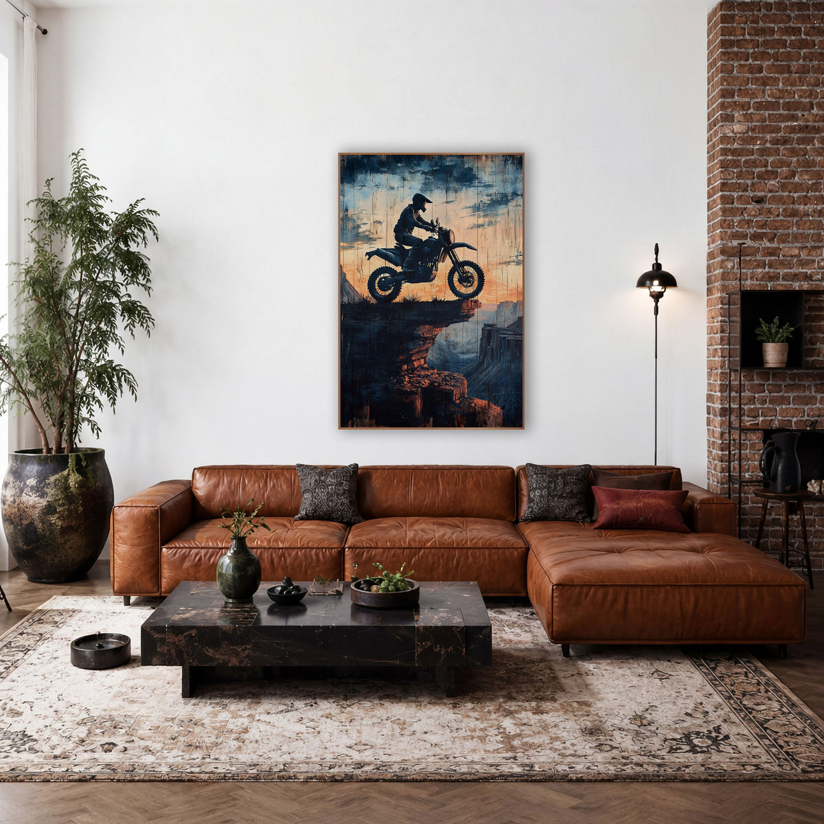Airborne Dirt Biker Canyon Ledge Distressed wall art in a rustic western-style room – silhouette of a helmeted dirt