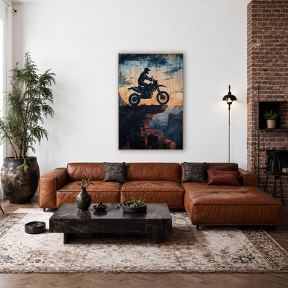 Airborne Dirt Biker Canyon Ledge Distressed wall art in a rustic western-style room – silhouette of a helmeted dirt
