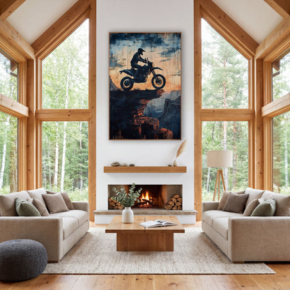 Airborne Dirt Biker Canyon Ledge Distressed wall art in a rustic western-style room – silhouette of a helmeted dirt