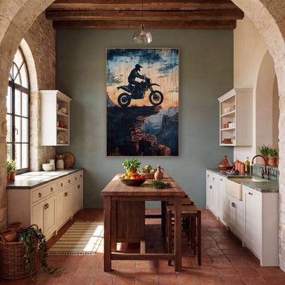 Airborne Dirt Biker Canyon Ledge Distressed wall art in a rustic western-style room – silhouette of a helmeted dirt
