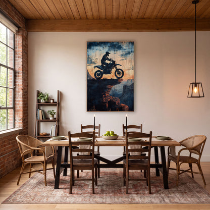 Airborne Dirt Biker Canyon Ledge Distressed wall art in a rustic western-style room – silhouette of a helmeted dirt