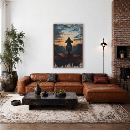 Motorcycle Rider Canyon Overlook Western wall art in a rustic western-style room – motorcycle rider in helmet seen