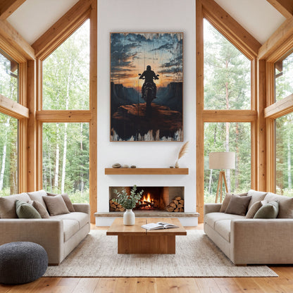 Motorcycle Rider Canyon Overlook Western wall art in a rustic western-style room – motorcycle rider in helmet seen