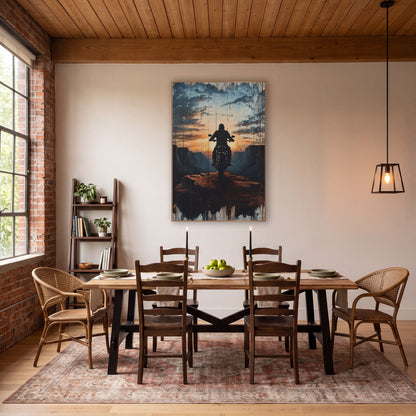 Motorcycle Rider Canyon Overlook Western wall art in a rustic western-style room – motorcycle rider in helmet seen