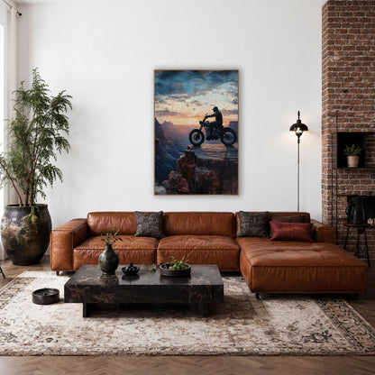 Motorcycle Canyon Ledge Western wall art in a rustic western-style room – silhouette of a motorcycle rider on a rock