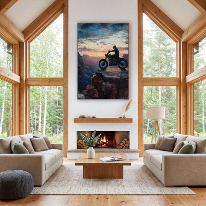 Motorcycle Canyon Ledge Western wall art in a rustic western-style room – silhouette of a motorcycle rider on a rock