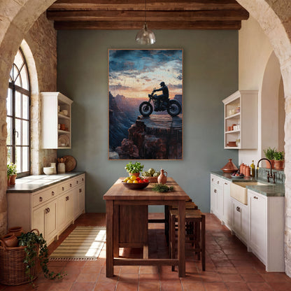 Motorcycle Canyon Ledge Western wall art in a rustic western-style room – silhouette of a motorcycle rider on a rock