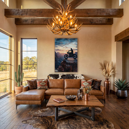 Motorcycle Canyon Ledge Western wall art in a rustic western-style room – silhouette of a motorcycle rider on a rock