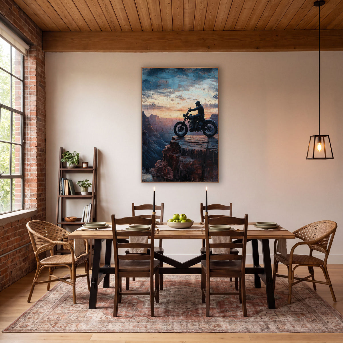 Motorcycle Canyon Ledge Western wall art in a rustic western-style room – silhouette of a motorcycle rider on a rock