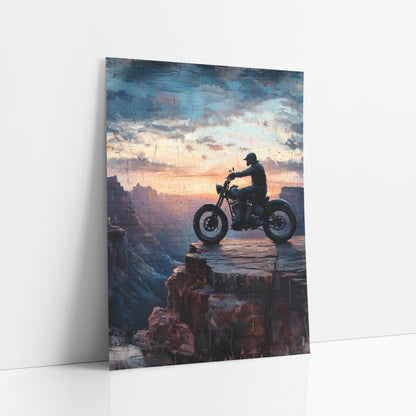 Motorcycle Canyon Ledge Western art print leaning against a white wall – silhouette of a motorcycle rider on a rock ledge