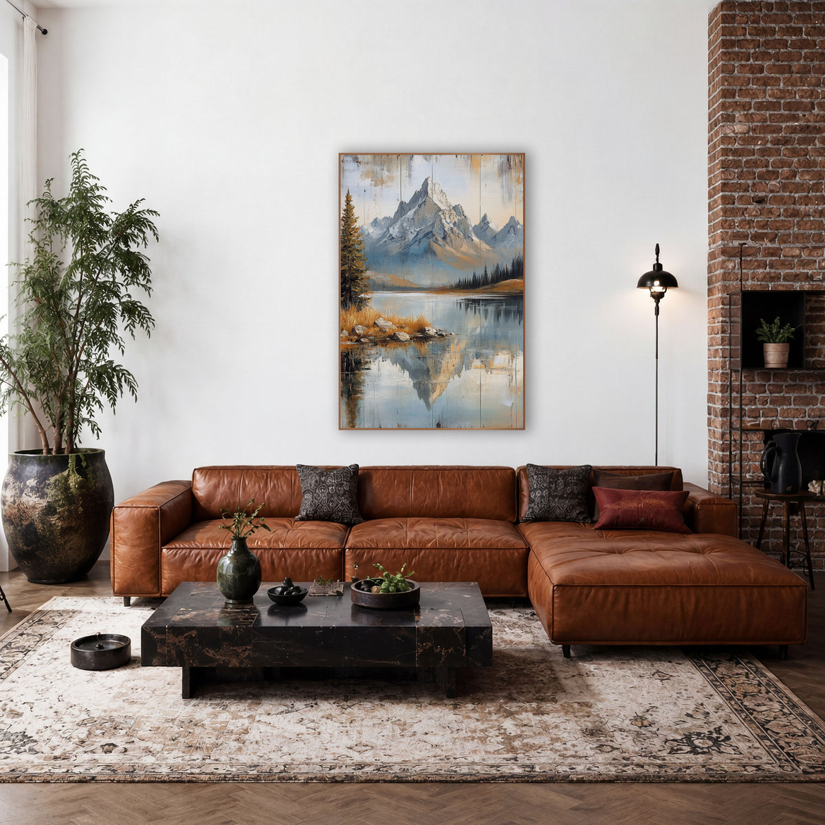 Pine Shore Peak Planks Landscape wall art in a rustic western-style room – rocky snow-dusted mountain peaks reflected
