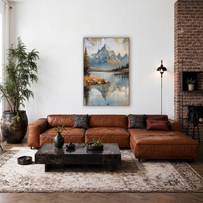 Pine Shore Peak Planks Landscape wall art in a rustic western-style room – rocky snow-dusted mountain peaks reflected