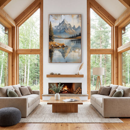 Pine Shore Peak Planks Landscape wall art in a rustic western-style room – rocky snow-dusted mountain peaks reflected