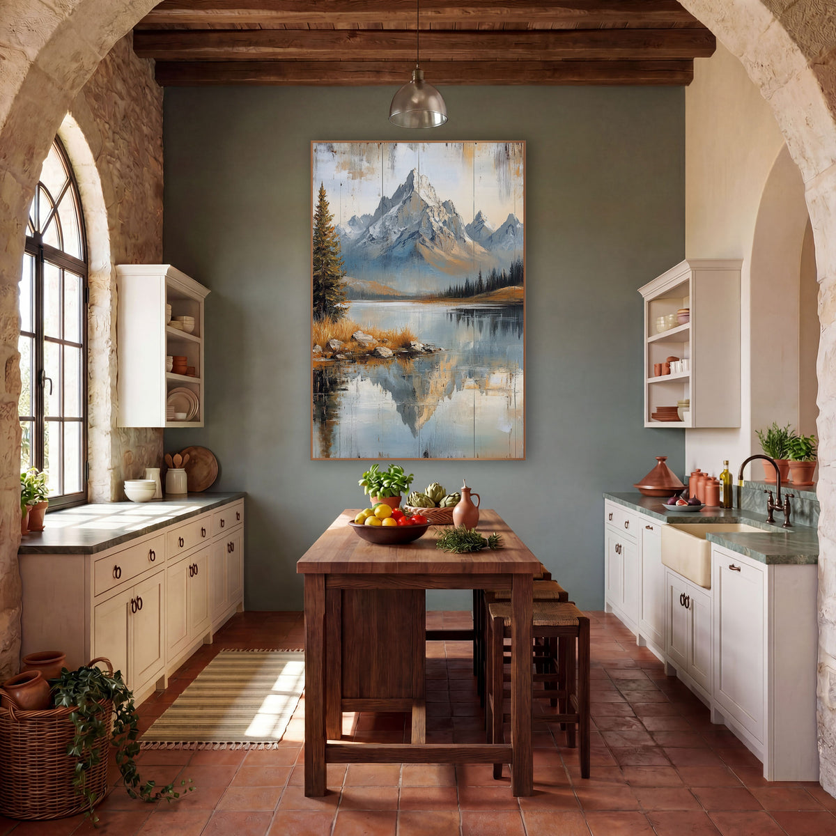 Pine Shore Peak Planks Landscape wall art in a rustic western-style room – rocky snow-dusted mountain peaks reflected