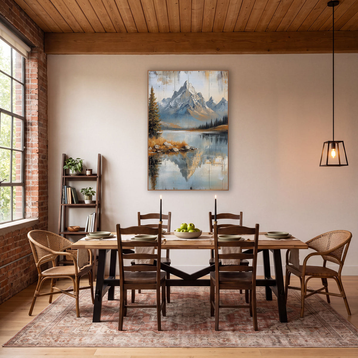Pine Shore Peak Planks Landscape wall art in a rustic western-style room – rocky snow-dusted mountain peaks reflected