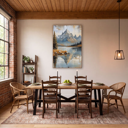 Pine Shore Peak Planks Landscape wall art in a rustic western-style room – rocky snow-dusted mountain peaks reflected