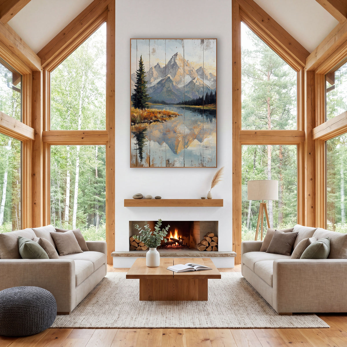 Peach Alpenglow Range Painterly Landscape wall art in a rustic western-style room – mountain lake mirroring snowy