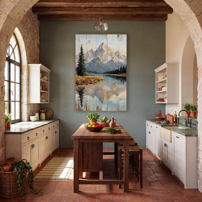 Peach Alpenglow Range Painterly Landscape wall art in a rustic western-style room – mountain lake mirroring snowy