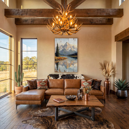 Peach Alpenglow Range Painterly Landscape wall art in a rustic western-style room – mountain lake mirroring snowy