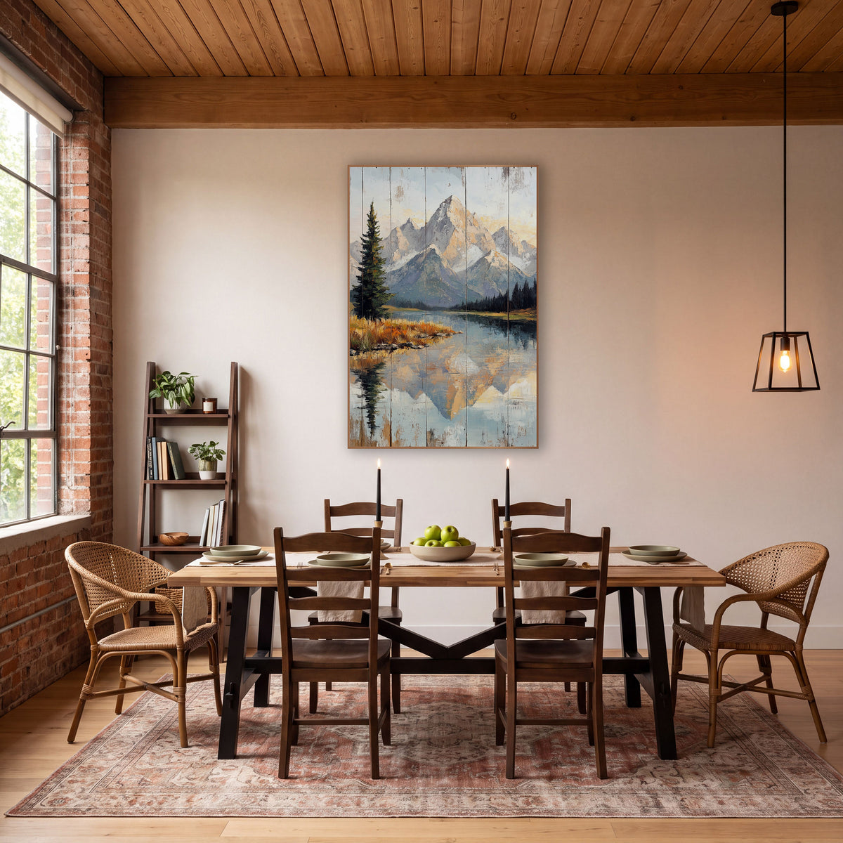 Peach Alpenglow Range Painterly Landscape wall art in a rustic western-style room – mountain lake mirroring snowy