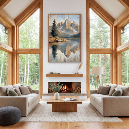 Jagged Spires Boulder Shore Landscape wall art in a rustic western-style room – jagged golden mountain peaks