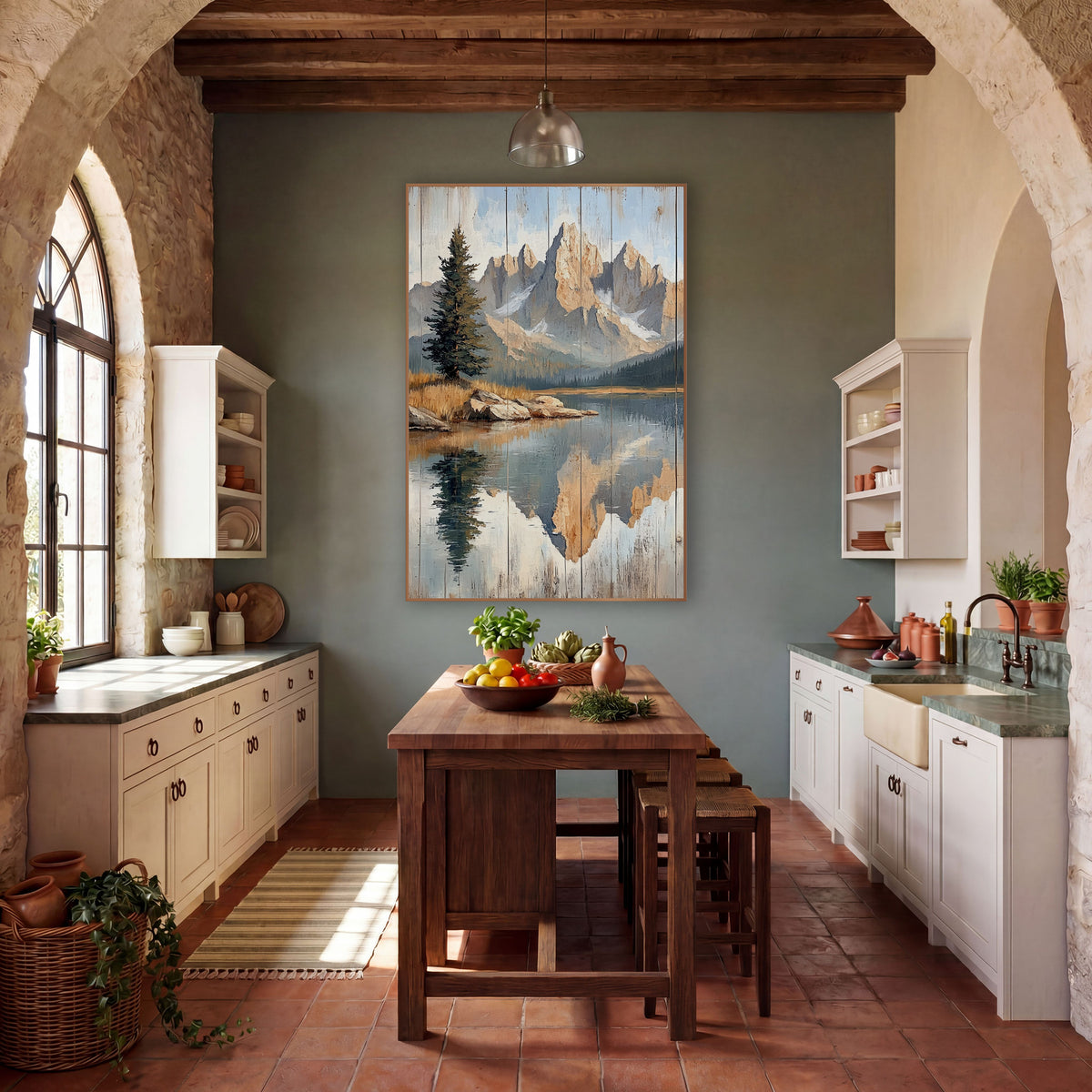 Jagged Spires Boulder Shore Landscape wall art in a rustic western-style room – jagged golden mountain peaks