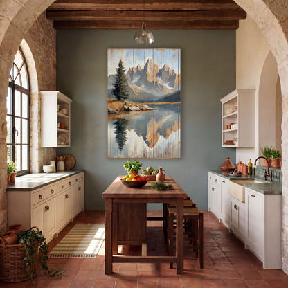 Jagged Spires Boulder Shore Landscape wall art in a rustic western-style room – jagged golden mountain peaks