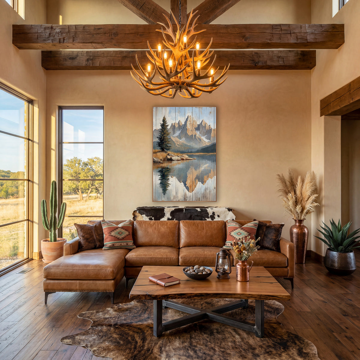 Jagged Spires Boulder Shore Landscape wall art in a rustic western-style room – jagged golden mountain peaks
