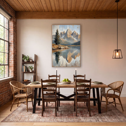 Jagged Spires Boulder Shore Landscape wall art in a rustic western-style room – jagged golden mountain peaks