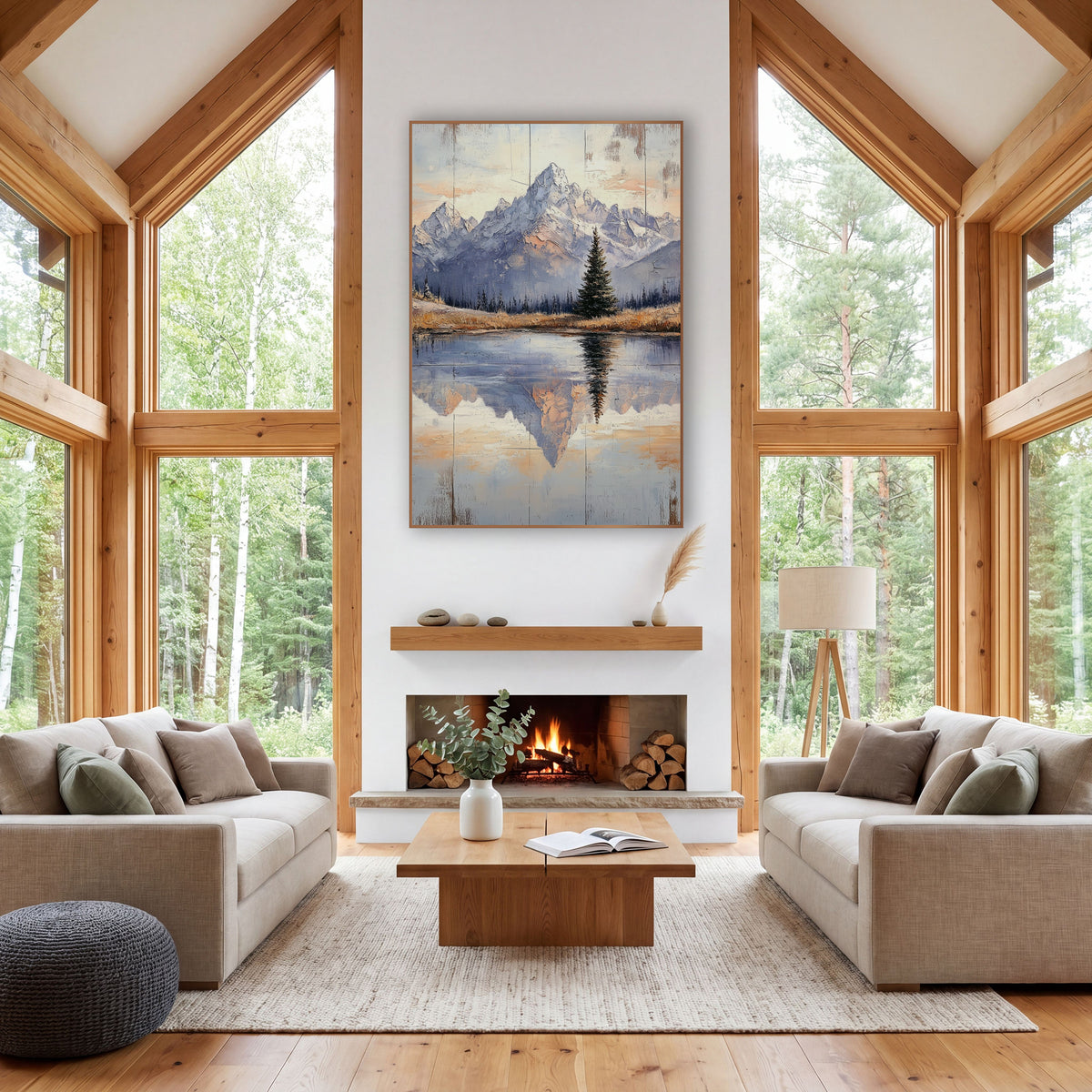 Twilight Peak Pine Mirror Landscape wall art in a rustic western-style room – snow-dusted mountain peaks and a lone