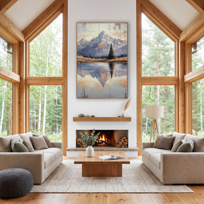 Twilight Peak Pine Mirror Landscape wall art in a rustic western-style room – snow-dusted mountain peaks and a lone