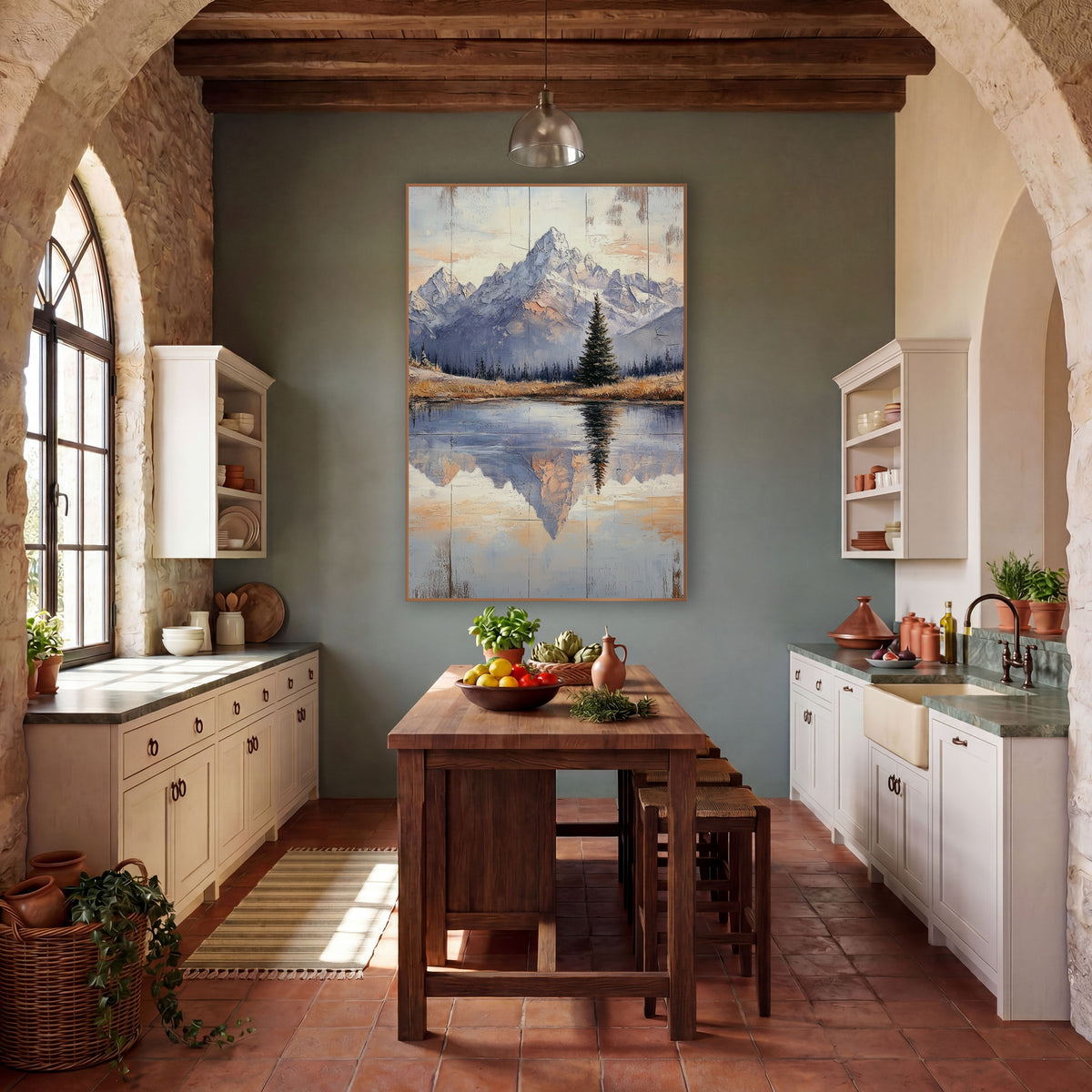 Twilight Peak Pine Mirror Landscape wall art in a rustic western-style room – snow-dusted mountain peaks and a lone