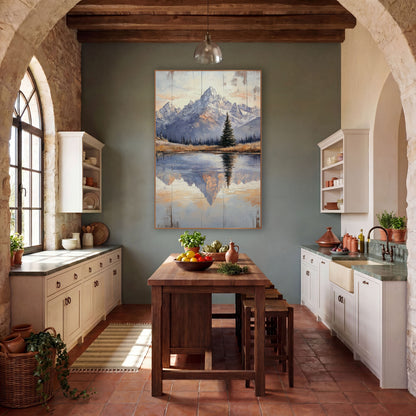 Twilight Peak Pine Mirror Landscape wall art in a rustic western-style room – snow-dusted mountain peaks and a lone