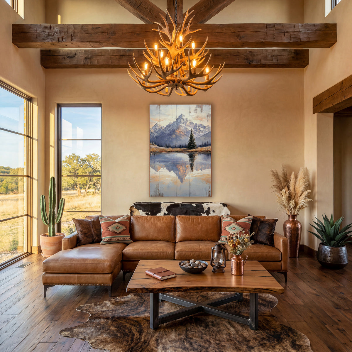 Twilight Peak Pine Mirror Landscape wall art in a rustic western-style room – snow-dusted mountain peaks and a lone