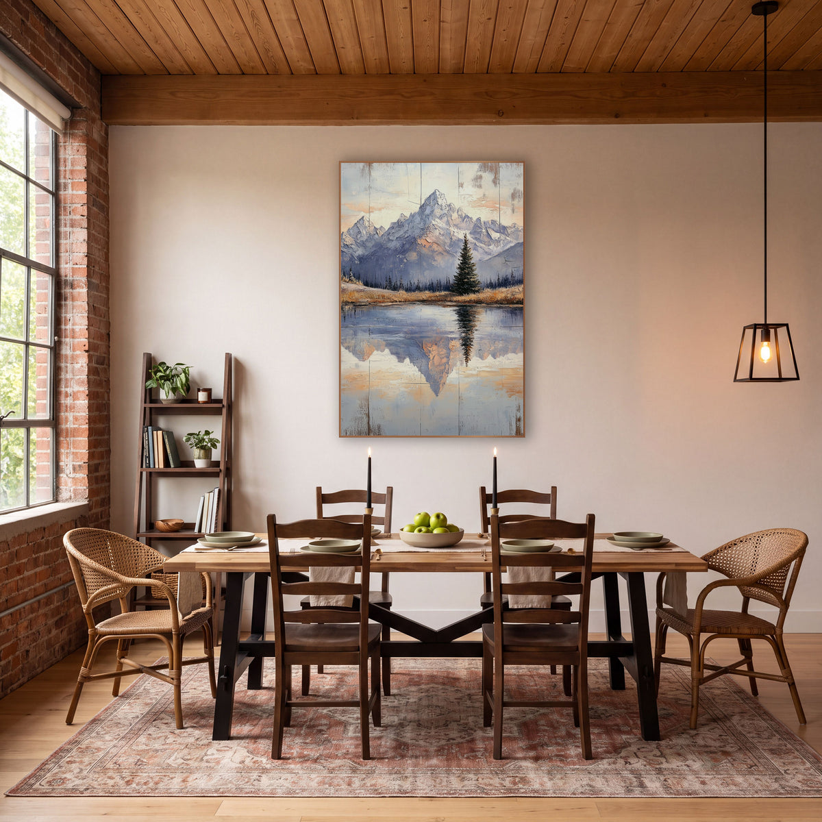 Twilight Peak Pine Mirror Landscape wall art in a rustic western-style room – snow-dusted mountain peaks and a lone
