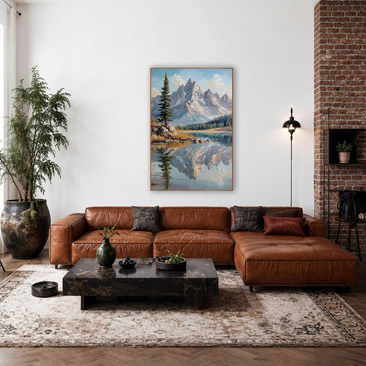 Cloudy Blue Sky Ridge Crackle Landscape wall art in a rustic western-style room – jagged rocky mountain peaks