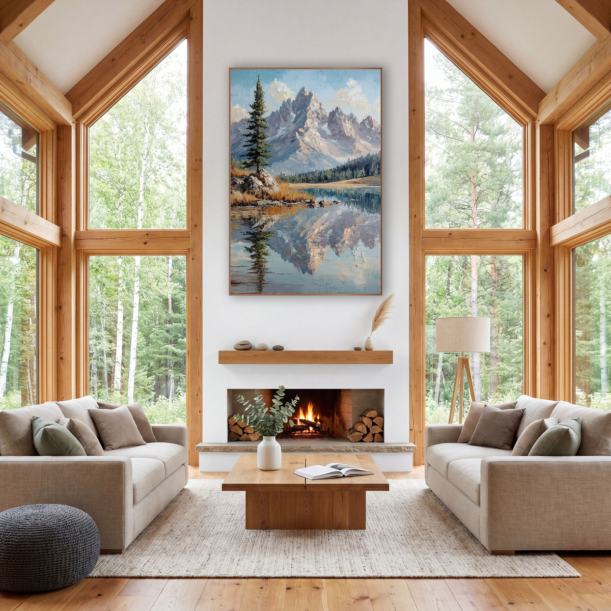 Cloudy Blue Sky Ridge Crackle Landscape wall art in a rustic western-style room – jagged rocky mountain peaks