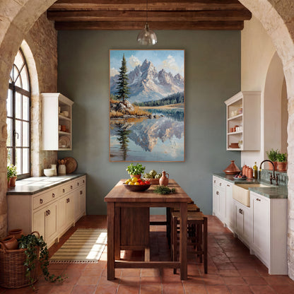 Cloudy Blue Sky Ridge Crackle Landscape wall art in a rustic western-style room – jagged rocky mountain peaks