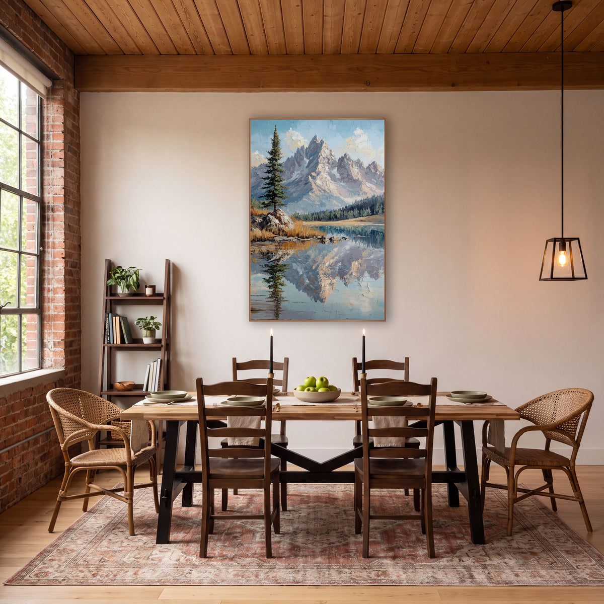 Cloudy Blue Sky Ridge Crackle Landscape wall art in a rustic western-style room – jagged rocky mountain peaks