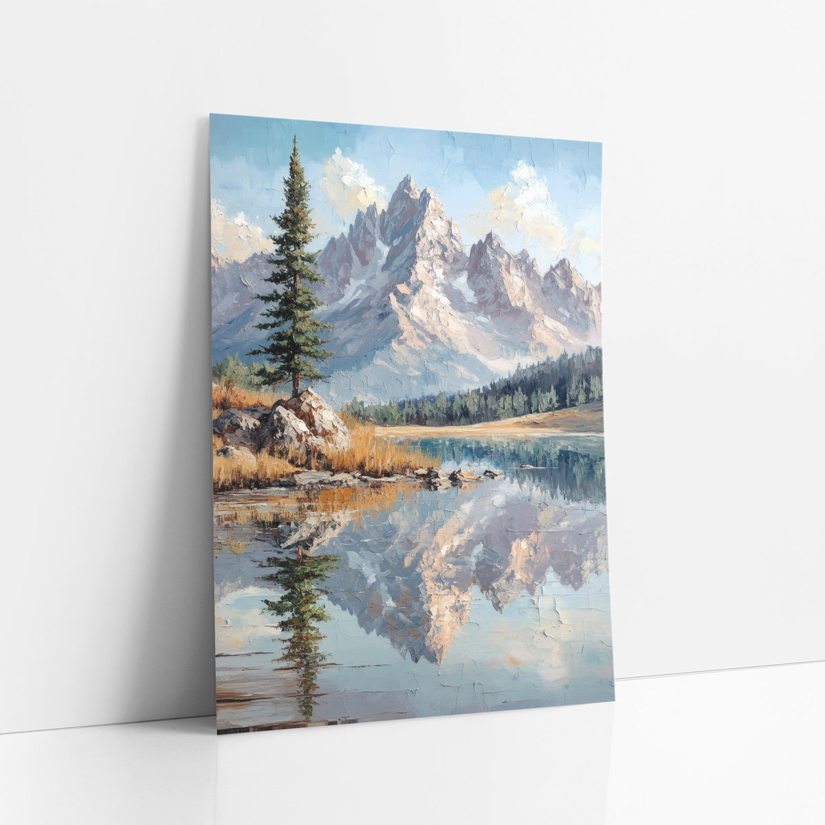 Cloudy Blue Sky Ridge Crackle Landscape art print leaning against a white wall – jagged rocky mountain peaks and a tall
