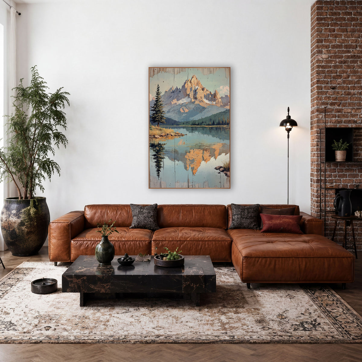 Peach Summit Teal Lake Retro Landscape wall art in a rustic western-style room – painted-style mountain lake