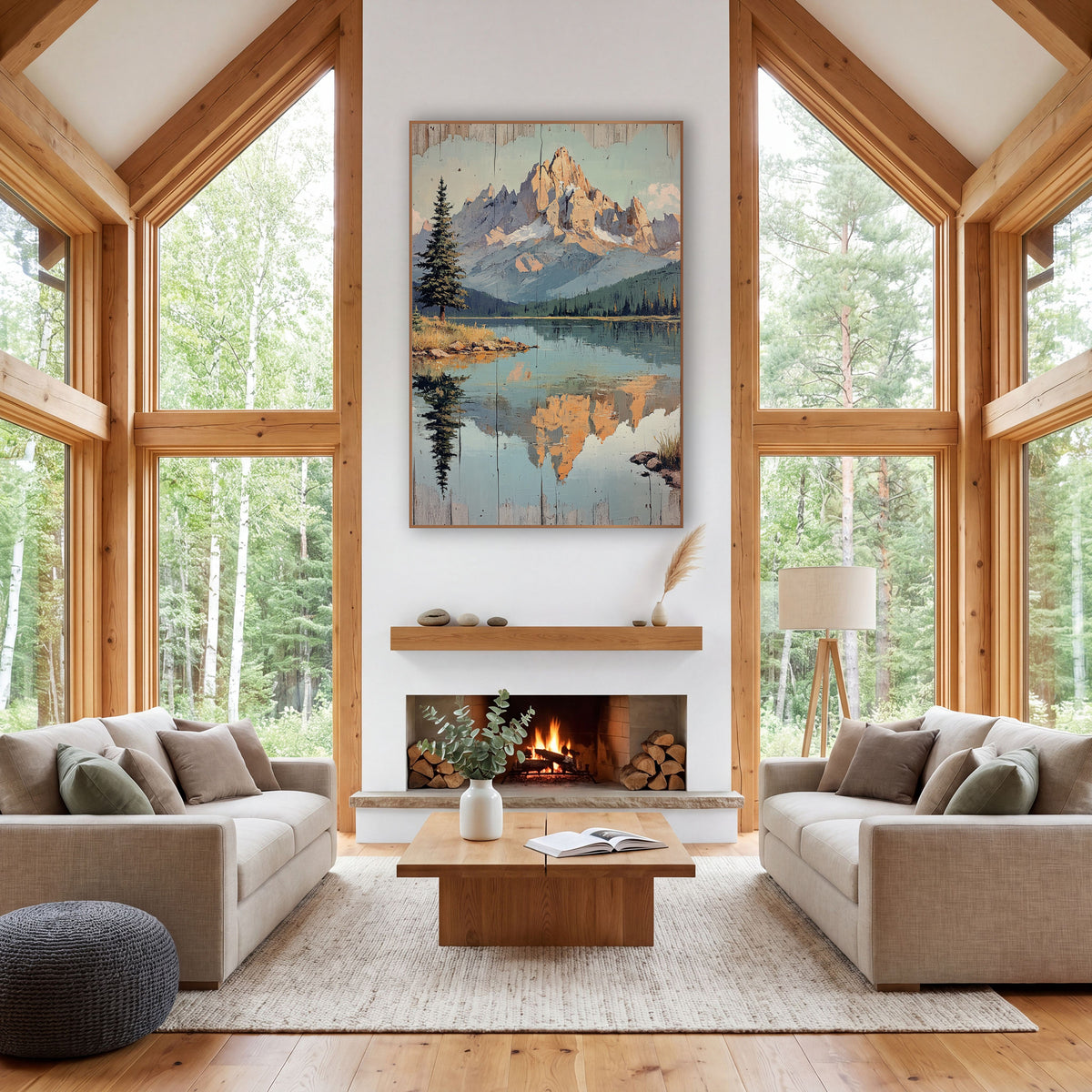 Peach Summit Teal Lake Retro Landscape wall art in a rustic western-style room – painted-style mountain lake