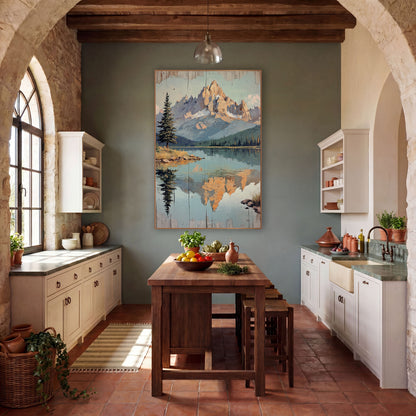 Peach Summit Teal Lake Retro Landscape wall art in a rustic western-style room – painted-style mountain lake