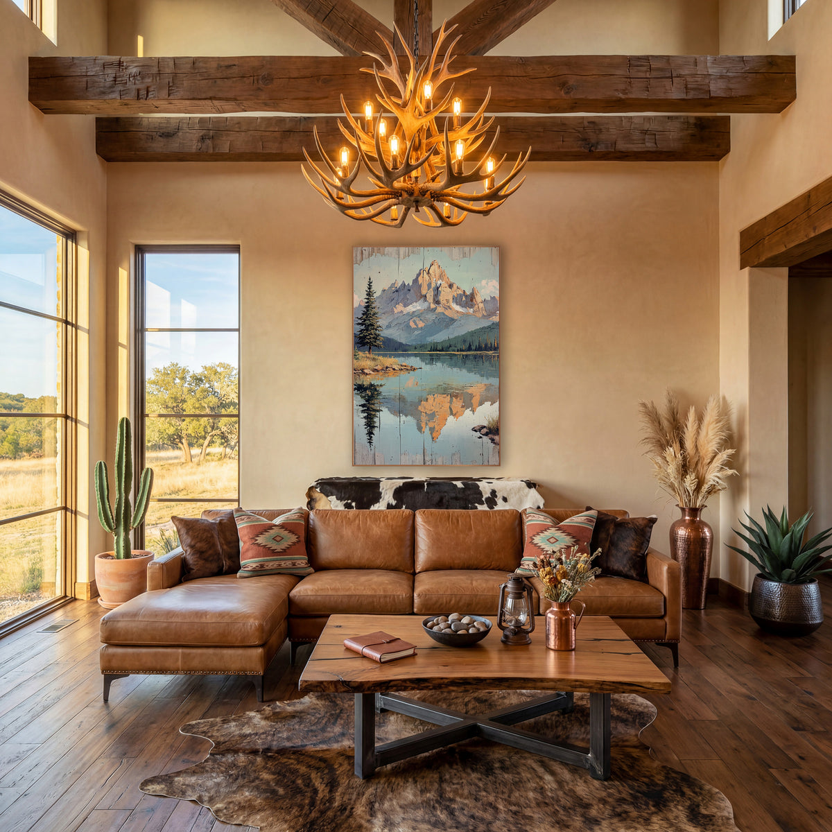 Peach Summit Teal Lake Retro Landscape wall art in a rustic western-style room – painted-style mountain lake