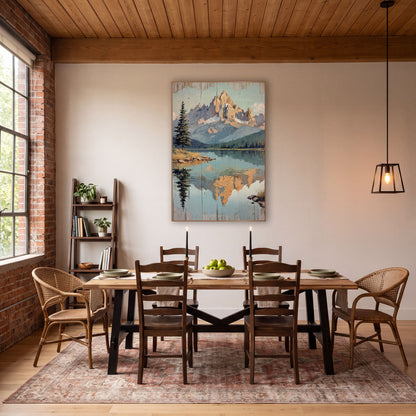 Peach Summit Teal Lake Retro Landscape wall art in a rustic western-style room – painted-style mountain lake
