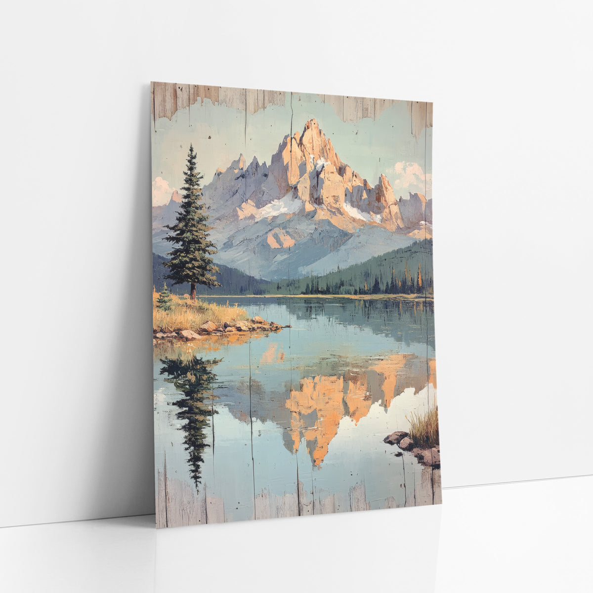 Peach Summit Teal Lake Retro Landscape art print leaning against a white wall – painted-style mountain lake with peach rocky