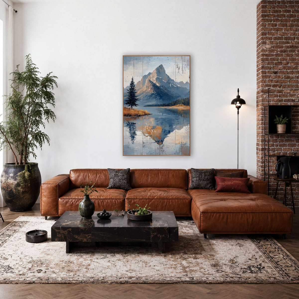 Slate Blue Summit Dark Pine Landscape wall art in a rustic western-style room – rocky mountain peak reflected
