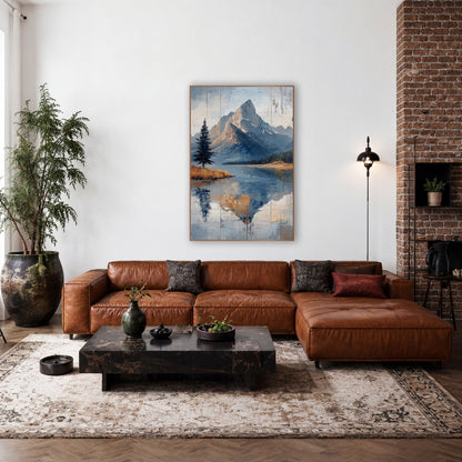 Slate Blue Summit Dark Pine Landscape wall art in a rustic western-style room – rocky mountain peak reflected