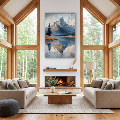 Slate Blue Summit Dark Pine Landscape wall art in a rustic western-style room – rocky mountain peak reflected