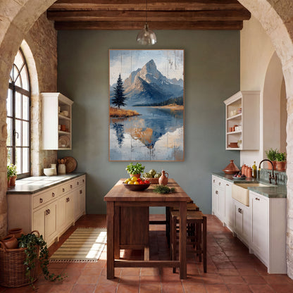Slate Blue Summit Dark Pine Landscape wall art in a rustic western-style room – rocky mountain peak reflected